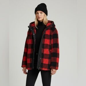 Steve Madden Buffalo Plaid Sherpa Hooded Jacket, Red Black,‎ Oversized Small